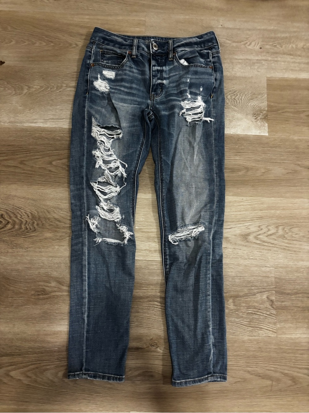 American Eagle Outfitters Distressed Dark Blue Straight Leg Jeans